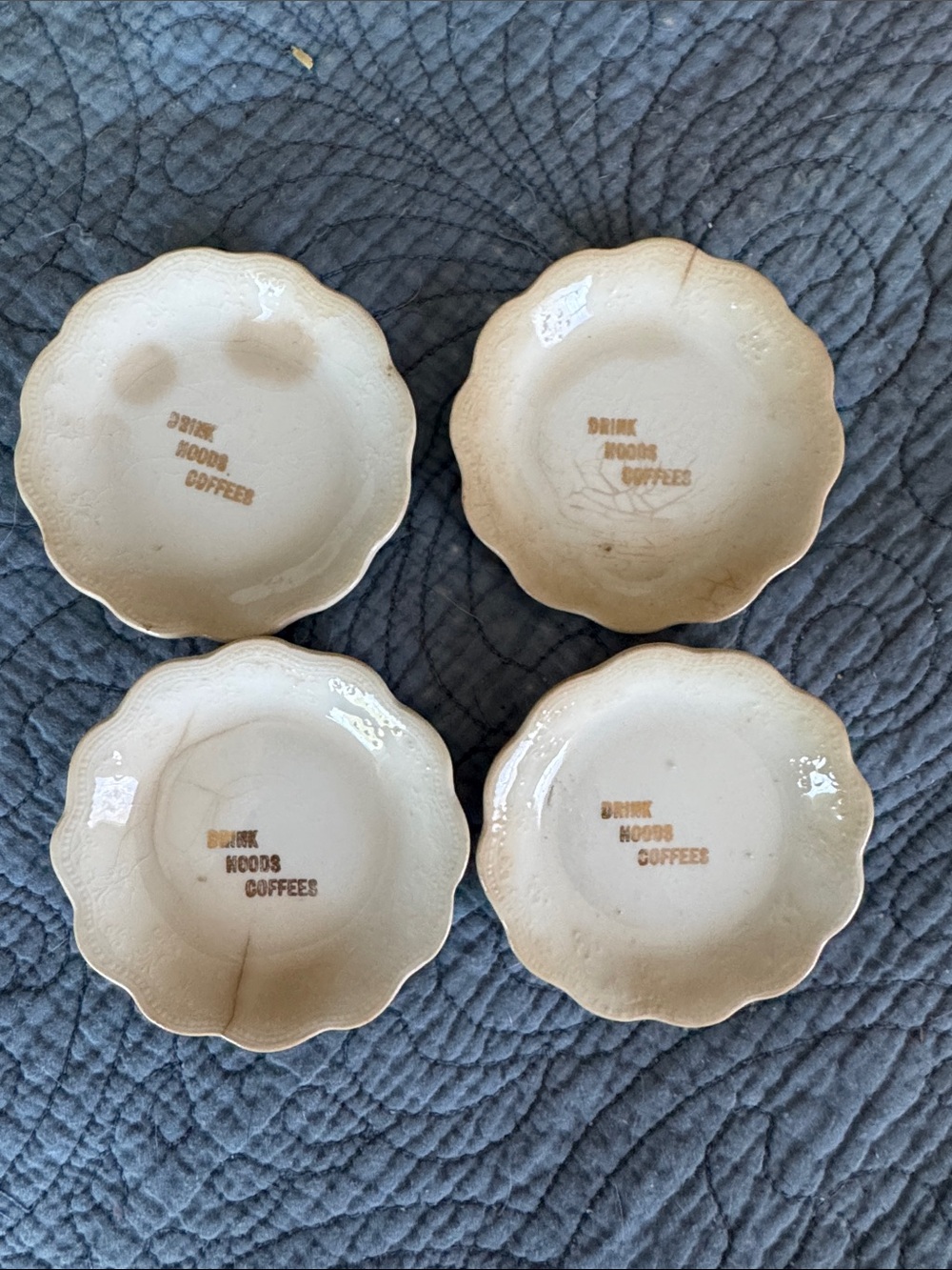 Vintage Scalloped Ceramic Butter Pats ‘Drink Hoods Coffees’ - Cream (Set of 4)